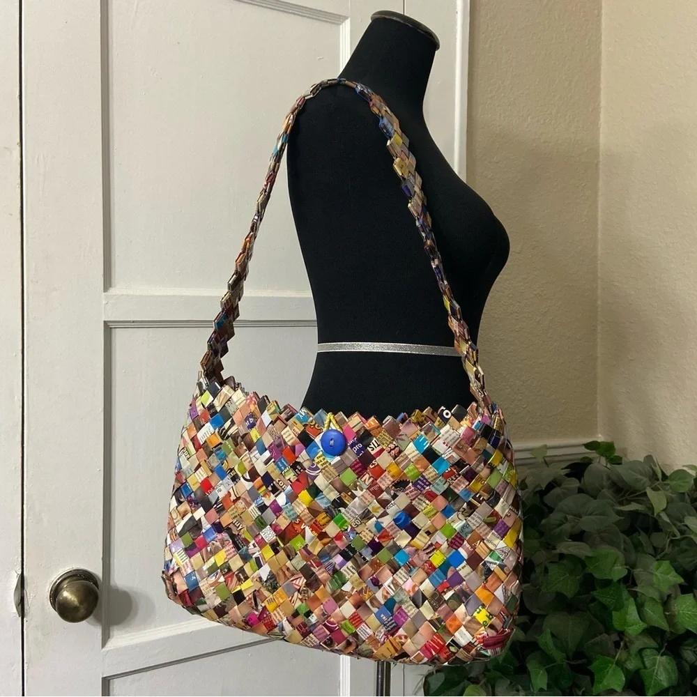 Two Recycled Colorful Woven Wrapper Bags- One Big & One Small Handbag - Picture 3 of 16
